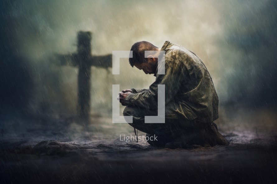 Christian man praying in front of the cross