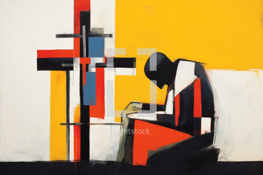 Abstract oil painting on canvas of a man praying. Modern contemporary art
