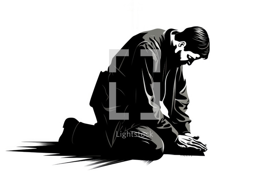 Man praying on the ground, isolated on a white background