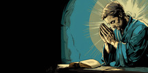 illustration of a holy man praying in the dark with the bible with copy space
