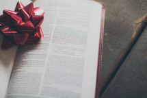 a red Christmas bow on the pages of a Bible 