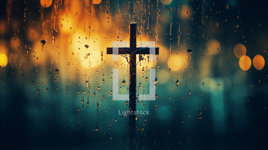 Rainy day with a cross in the background and bokeh lights. 