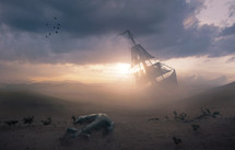 Surreal image of a shipwreck in the desert with a lost anchor
