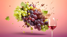 Red wine composition with goblet and bunches of grapes