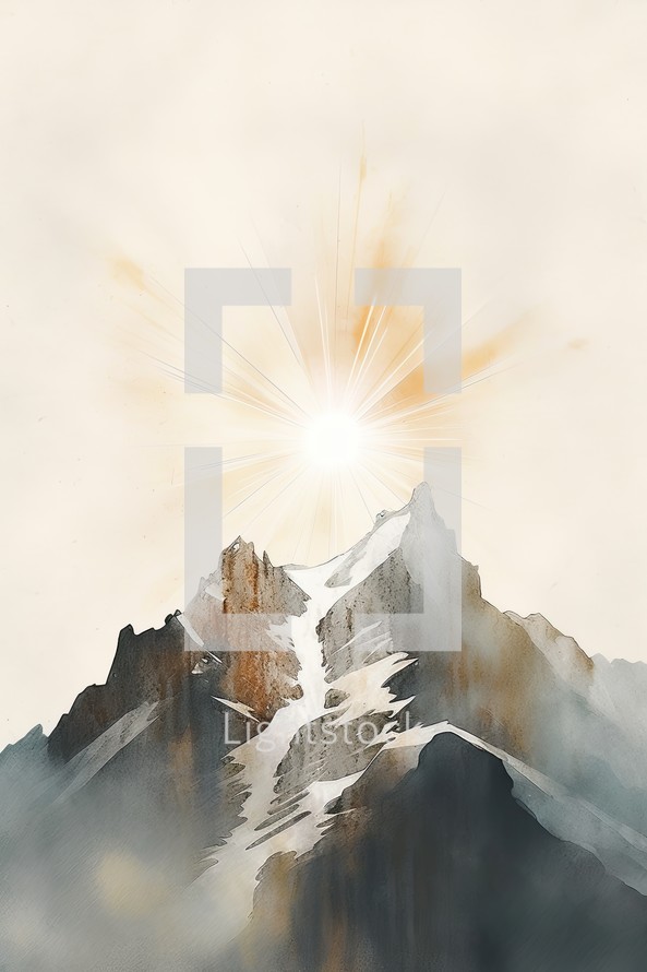 Mountains and sun. Digital watercolor painting. Mountain landscape.