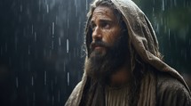 Portrait of Jesus Christ in the rain, dark background.