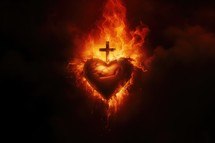 The Sacred Heart, a crown of thorns in the shape of a heart on fire background with copy space
