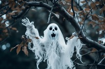 A ghostly figure in a Halloween costume perched on tree branches