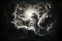 "In the beginning God created the heavens and the earth" Genesis 1:1. God in the stormy sky with clouds and rays of light