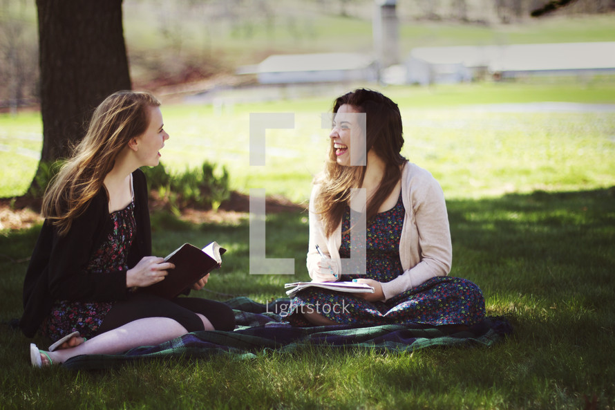 Bible study on a blanket in the grass 