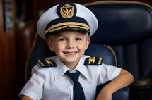 6 year old boy in pilot uniform in airplane cockpit