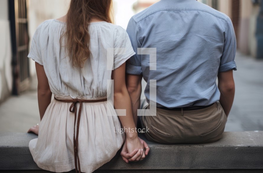A young couple sitting on the sidewalk, holding hands