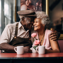 An elderly interracial couple relishing a coffee date in a cozy cafe