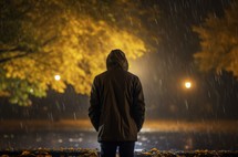 A man in a raincoat walking through a park at night, illuminated by burning lights, while autumn rain falls around him