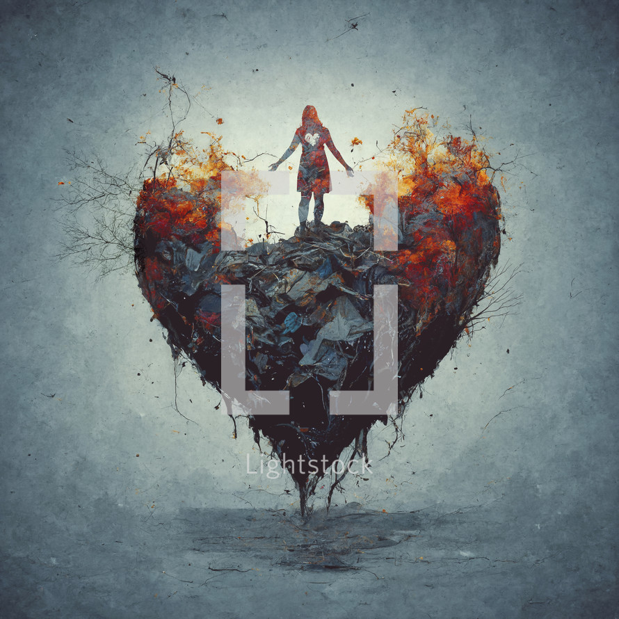 A heart made out of garbage with the silhouette of a woman.