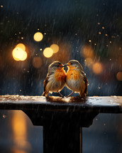 Two small birds in the rain