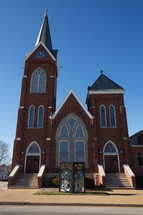 Red brick church with Christmas decorations