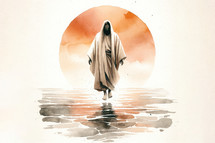 Watercolor illustration of Jesus Christ walking on water