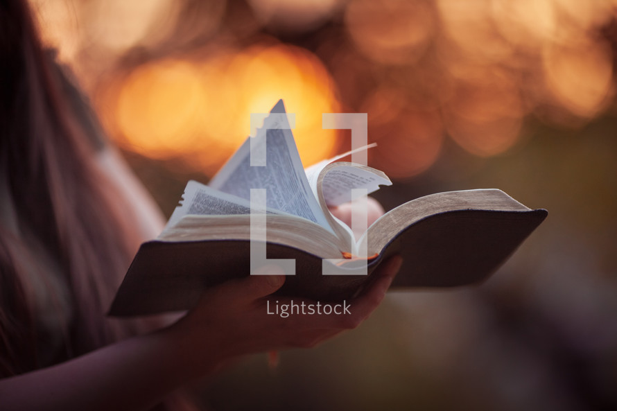 Open bible book in person's hands with beautiful blurred background