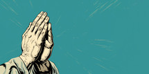 Illustration of a man praying with his hands clasped in prayer position with copy space