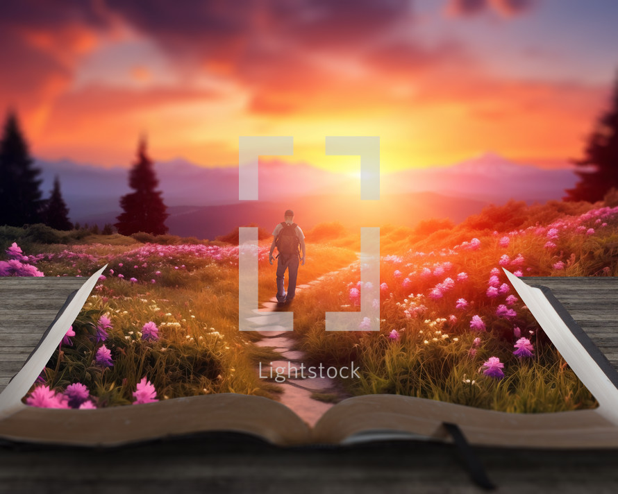 A man walks on a surreal spring Bible landscape.