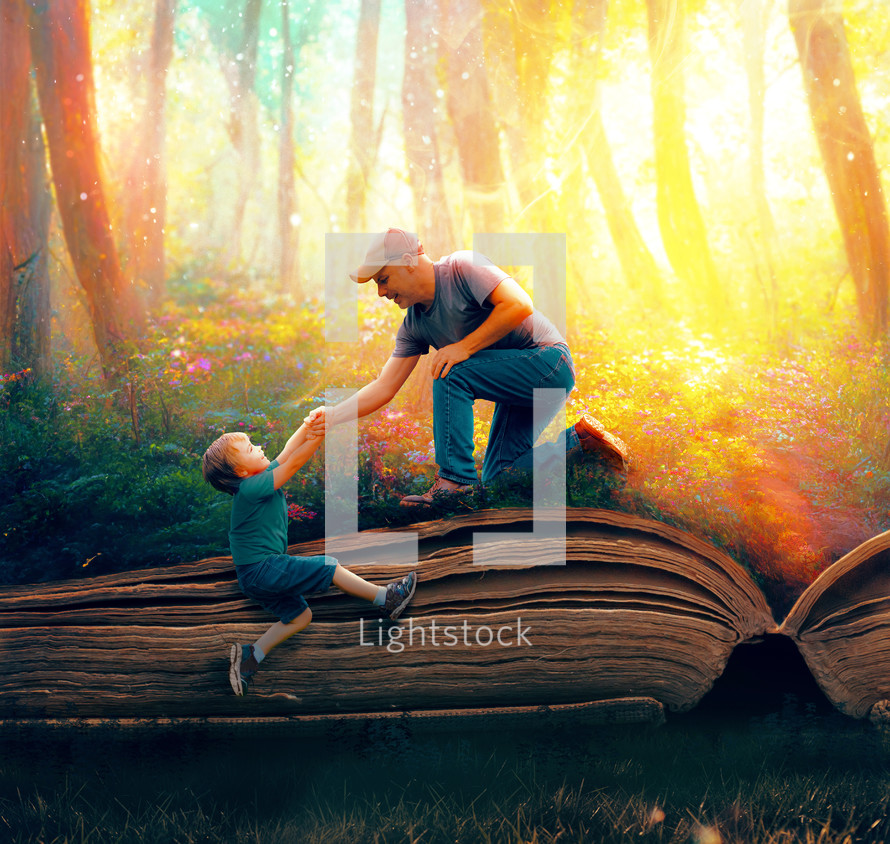 father happily pulls his son up on top of a large book full of beautiful flowers and lights