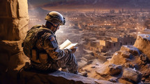 American Soldier reading Bible while in another country