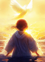 Child coming out of the water from baptism with dove and sunlight over head