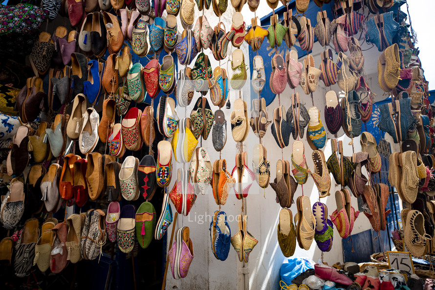 shoes for sale in a market in Morocco 