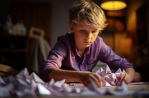 An 11-year-old Dutch boy in pajamas creates origami in his softly lit bedroom