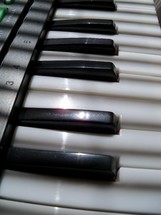 piano keys lit by sunlight on an electronic piano keyboard in a local house of worship. 