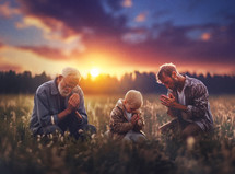 Grandfather and father pray with young son. Three generations of prayer.