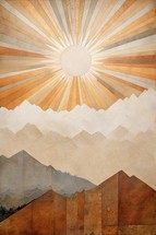Retro background with sunbeams and mountains. Vintage style.
