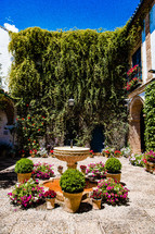 potted flowers and fountain in a garden in Spain 