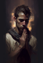 Oil painting of a young man in prayer