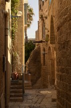 View of the partially reconstructed limestone buildings and street in the port of Jaffa (ancient Joppa)
