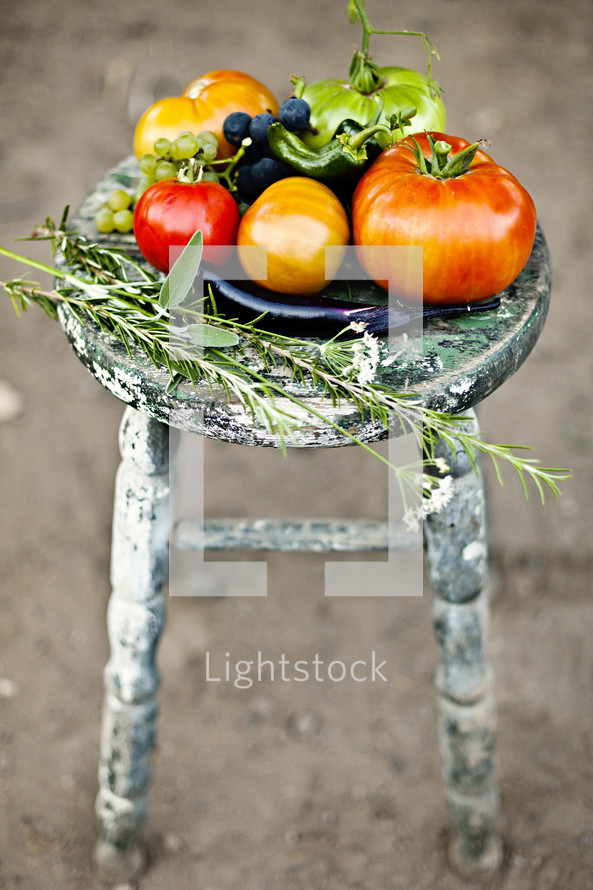 Fruits and vegetables on a stool garden fresh tomato