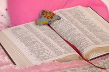 Flowery heart pillow on an open Bible on a bed.