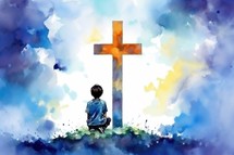 Little boy sitting on the grass and praying at the cross