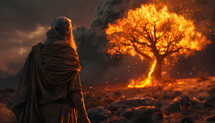 Moses approaching a burning bush