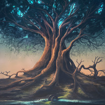 Digital painting of a peaceful nature scene with a large tree.