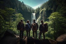 Couple of hikers with backpacks standing on the edge of a cliff looking at the waterfall