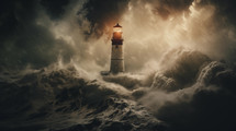 Lighthouse shining during a storm.