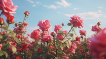 Field of pink roses with a blue sky. 