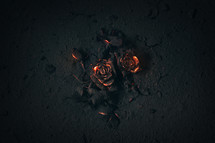 glowing red ashes in the shape of a rose 