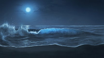 waves washing onto a shore under moonlight 