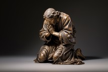 Statue of a man praying in front of a dark background
