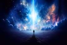 Faith. Man standing in surreal space