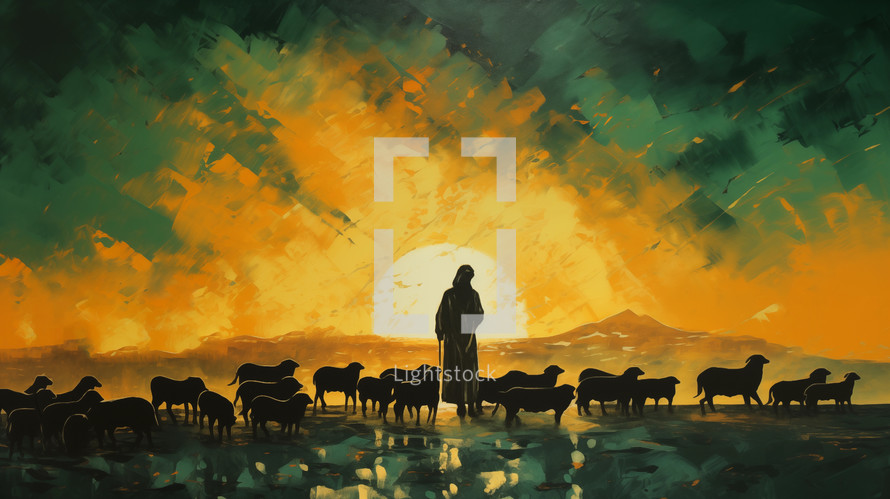 Shepherd with his sheep in the field.