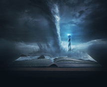 A big storm and tornado on top of the pages of a Bible with a bright lighthouse